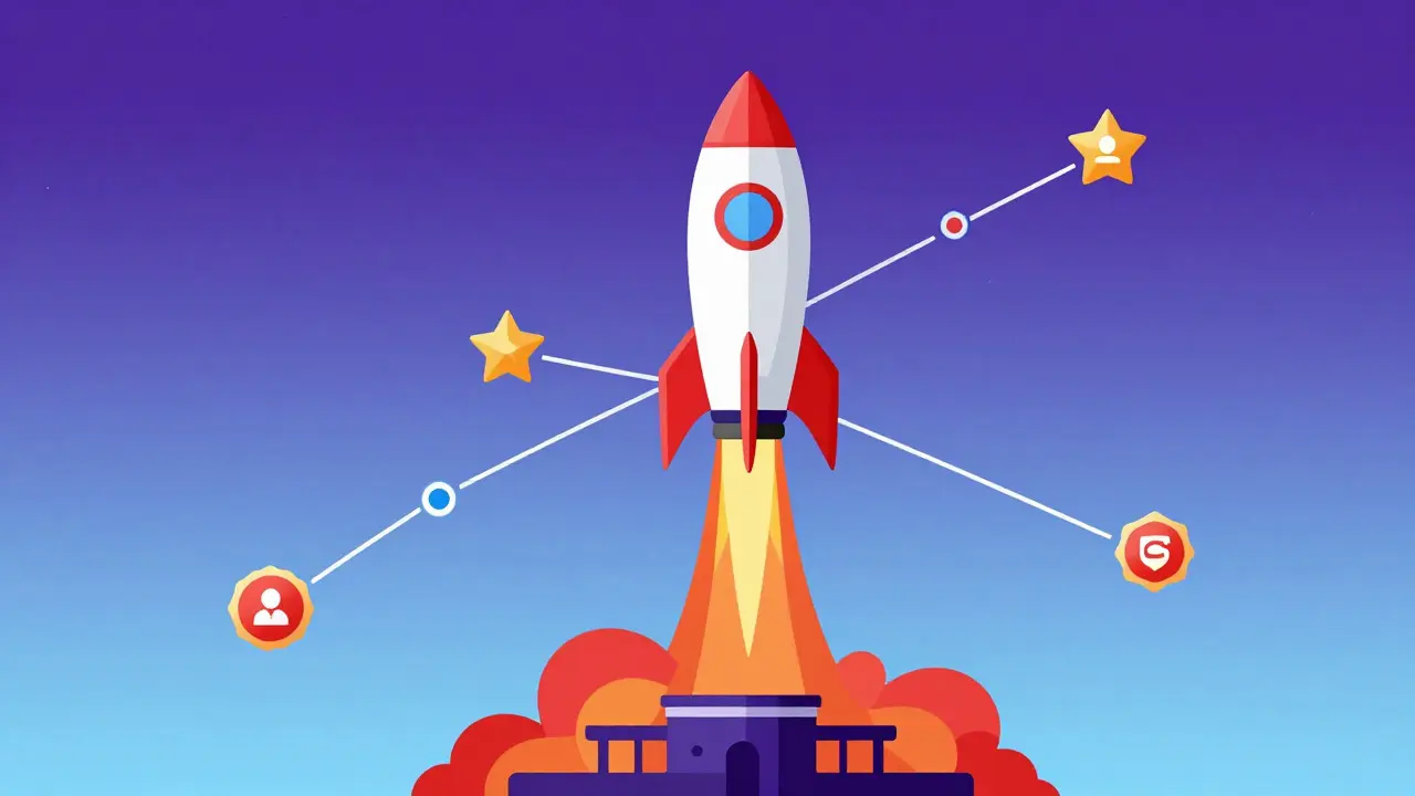 Cartoon rocket launching through stages representing network growth and ranks