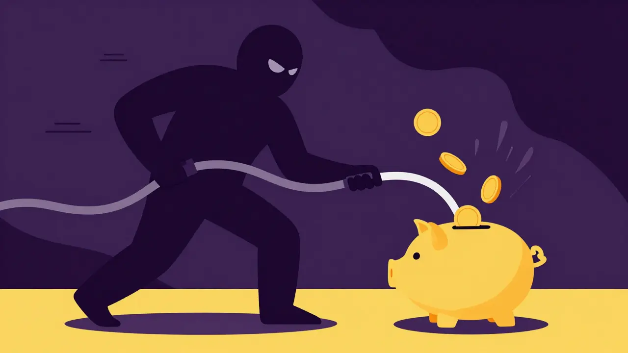 Conceptual art of a shadow draining coins from a digital purse
