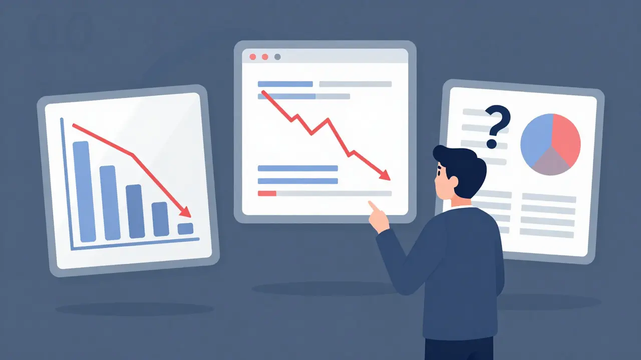 Confused investor viewing conflicting data charts on screens