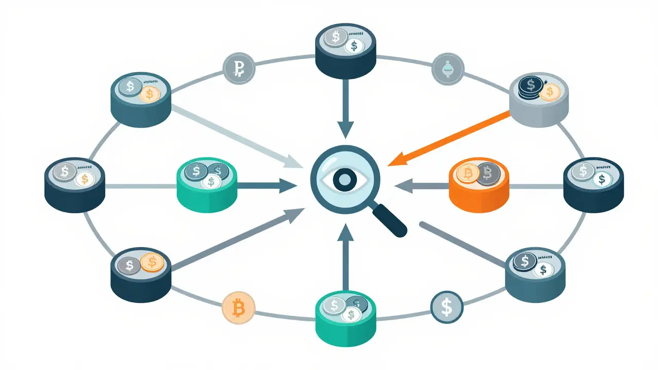 Diagram of connected crypto wallets being tracked by a central monitoring icon