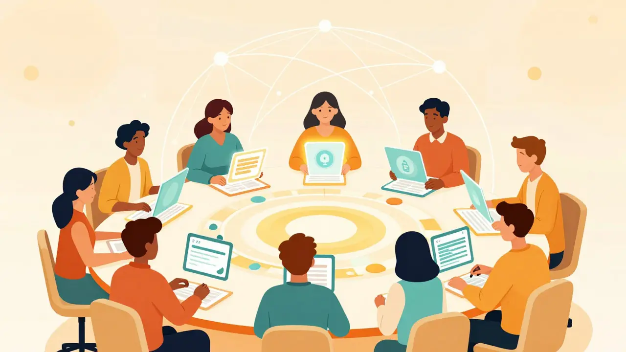 Diverse group of avatars playing a digital card game under a protective tech dome