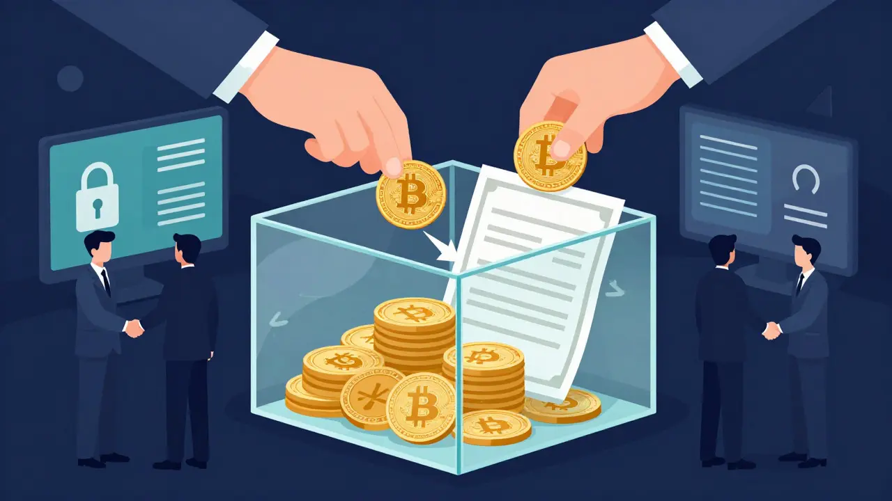 Flat art depicting physical coins being converted into ETF shares inside a transparent box