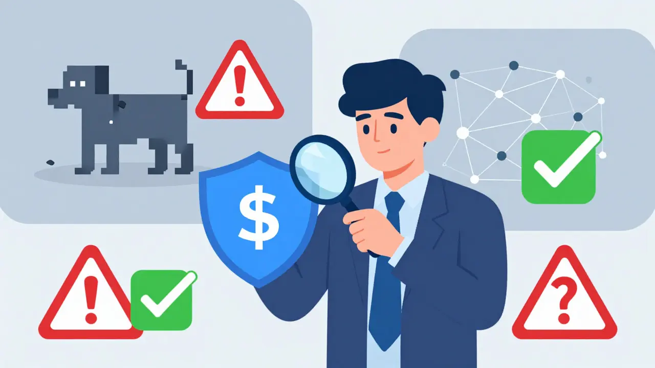 Flat art of a detective verifying crypto assets with warning and safety symbols