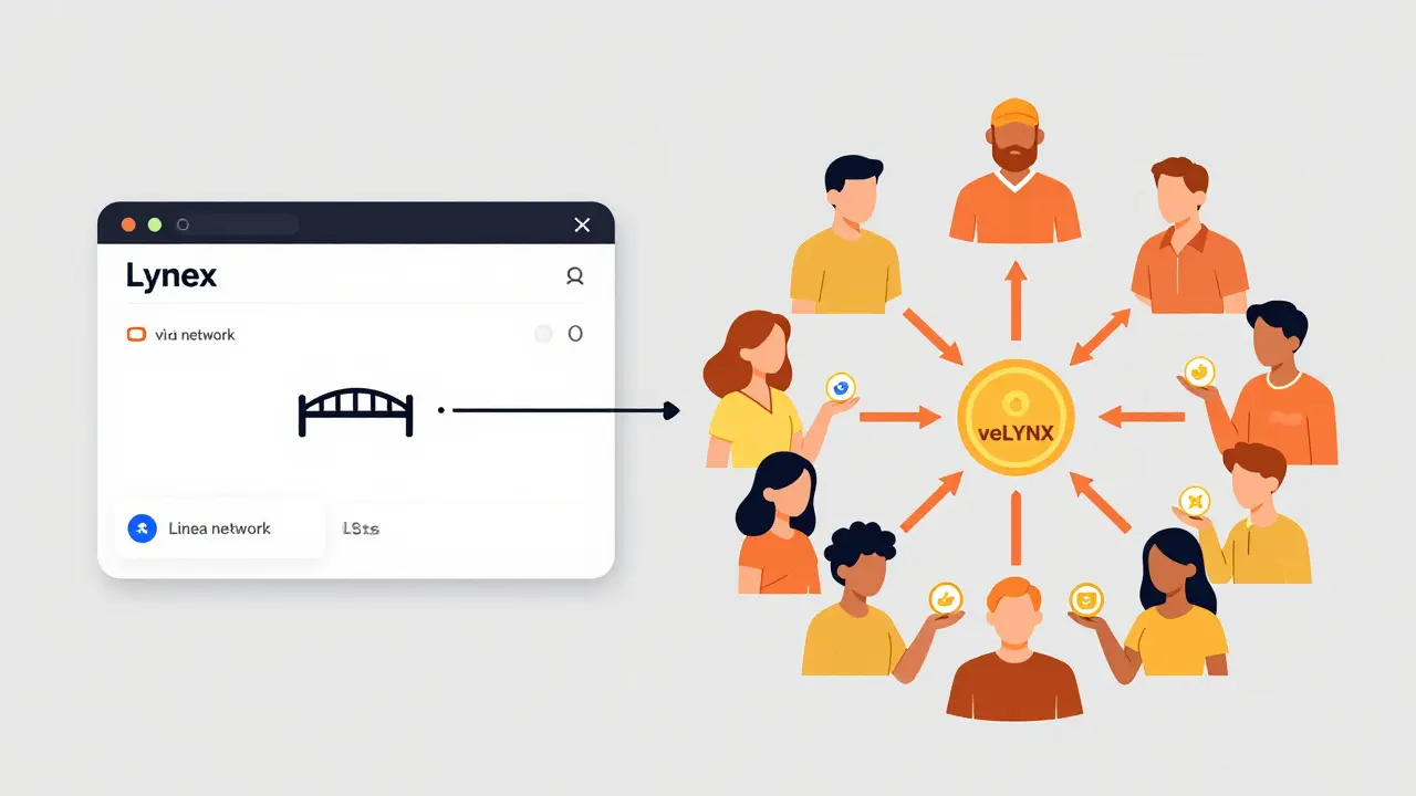 Flat illustration of Lynex wallet connection and veLYNX community governance