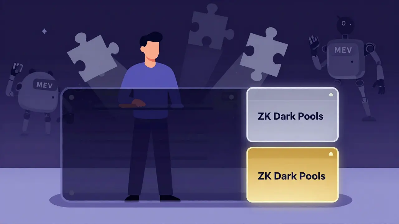 Flat illustration of ZK dark pool privacy shielding a trader from MEV bots