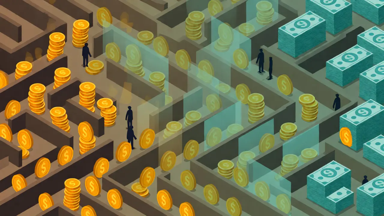 Golden coins navigating a complex digital maze to become untraceable funds.