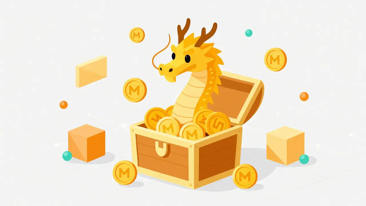 Golden dragon emerging from treasure chest with crypto tokens in flat design