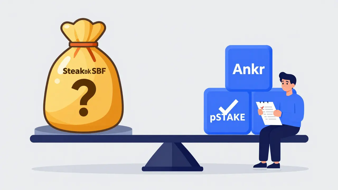 Graphic comparing risky new token vs established staking platforms