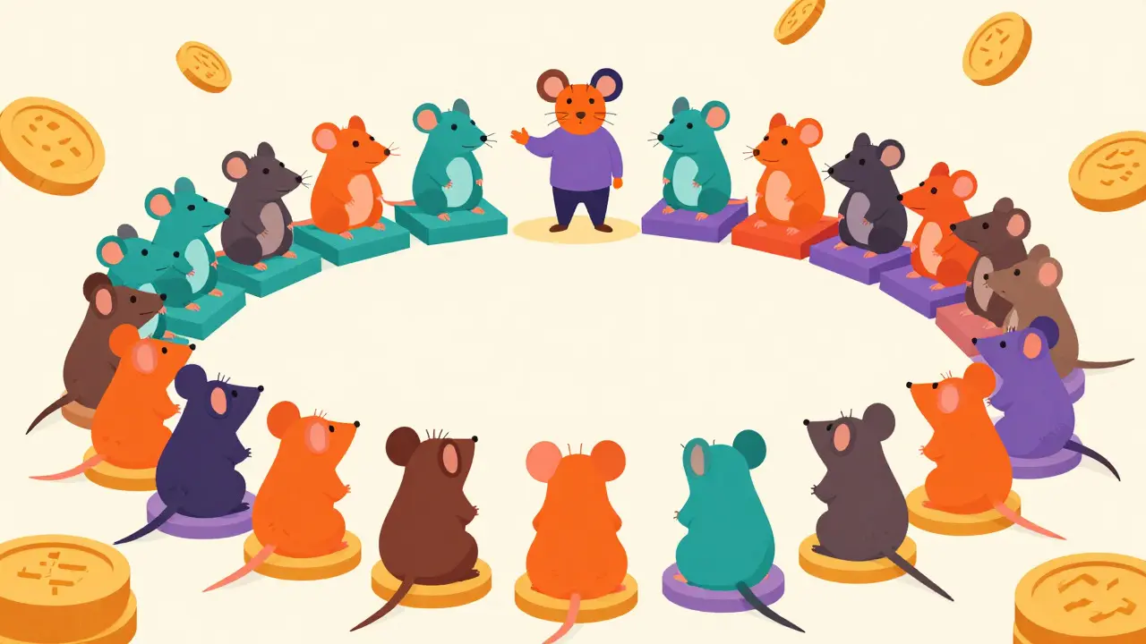Group of cartoon rats gathered in a circle representing a crypto community
