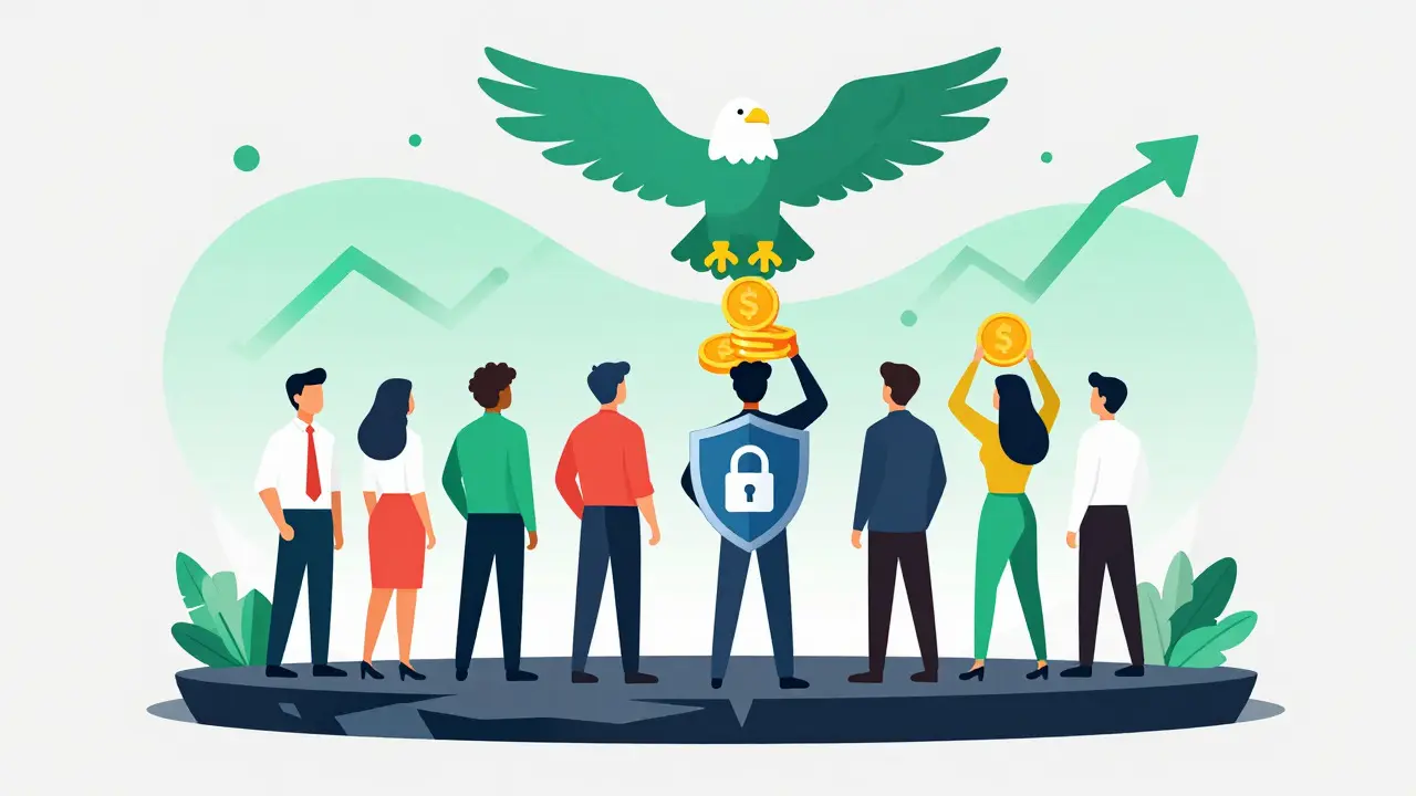 Group of traders on a fragmented platform balancing coins under watchful eyes