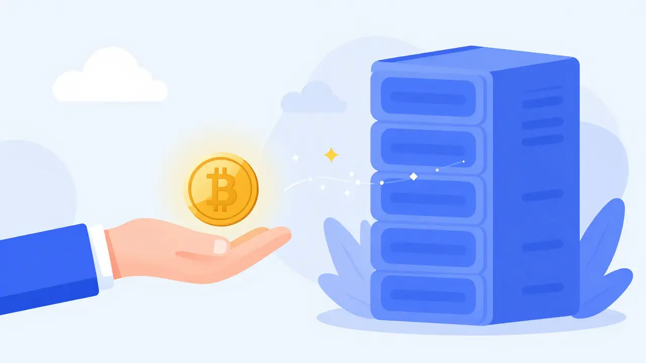 Hand connecting a crypto wallet to a secure data hub with flowing tokens