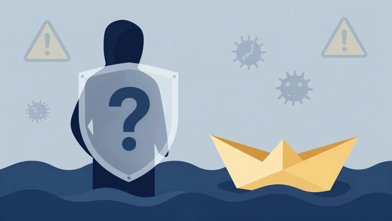 Hooded figure behind shield and fragile boat on waves symbolizing crypto risks