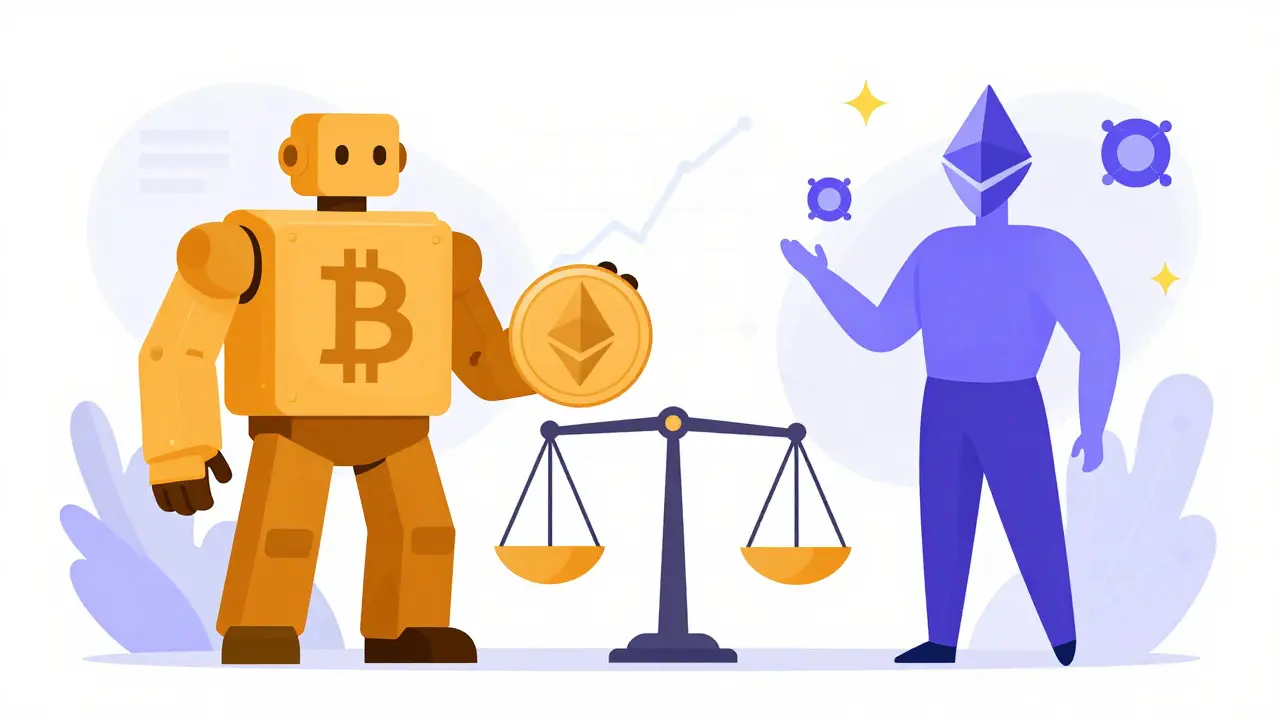 Illustration contrasting a solid Bitcoin character with a dynamic Ethereum character on a balance scale