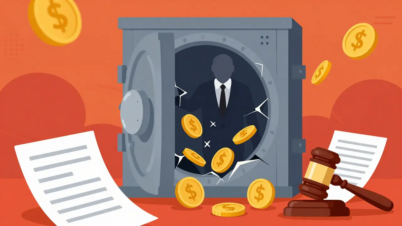 Illustration of a broken vault with spilling assets and legal symbols indicating bankruptcy