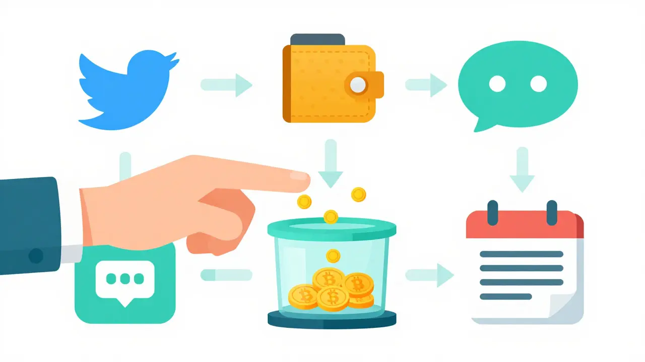 Illustration of a wallet connecting to a hub to claim tokens after completing quests