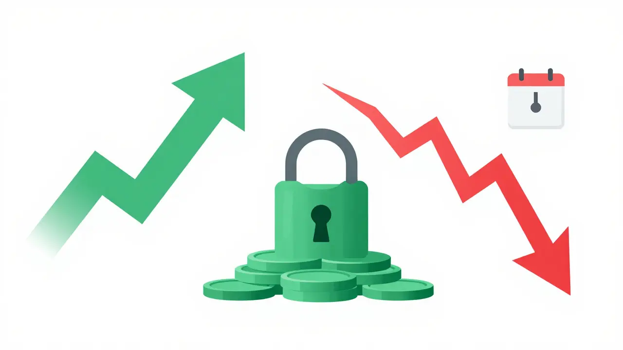 Locked coins and volatile graph illustrating staking risks