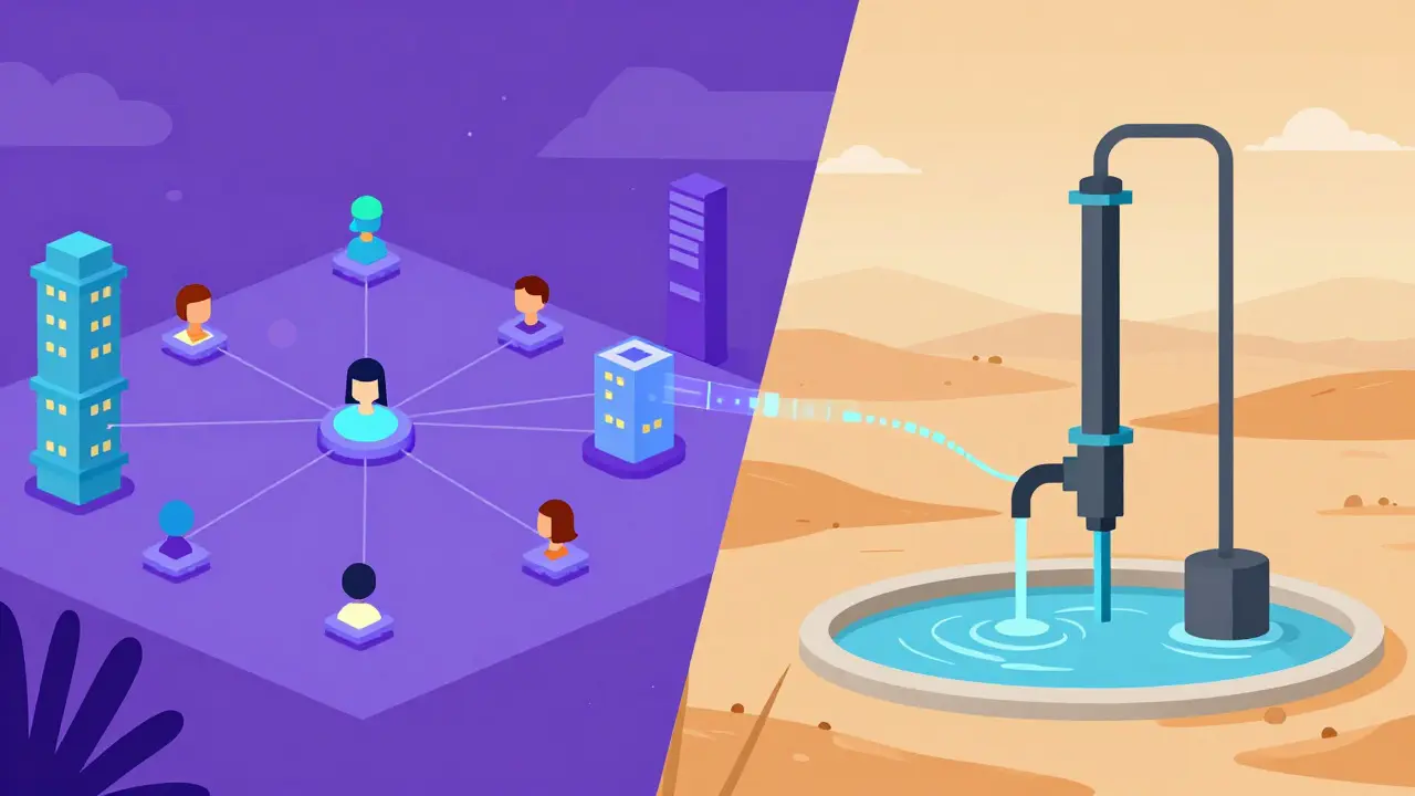Metaverse hub and desert water tech in flat illustration