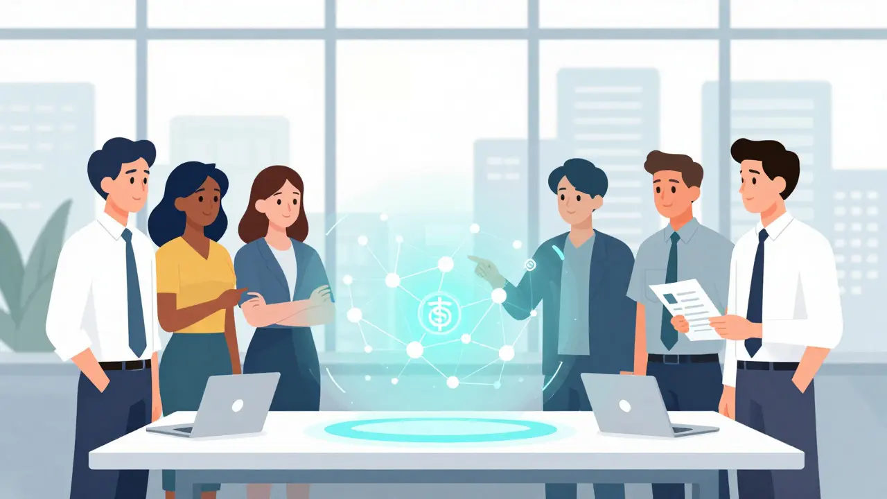 Professionals discussing blockchain strategy in a modern office setting