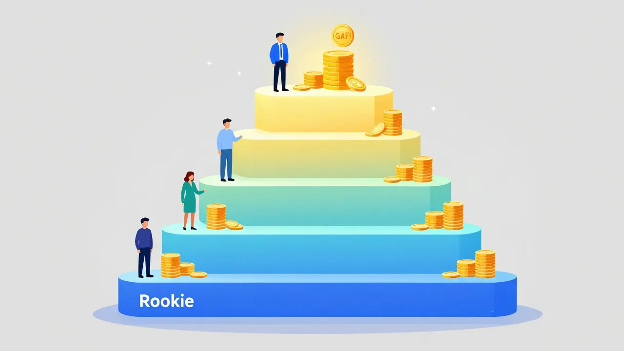 Pyramid chart showing five levels of token staking tiers