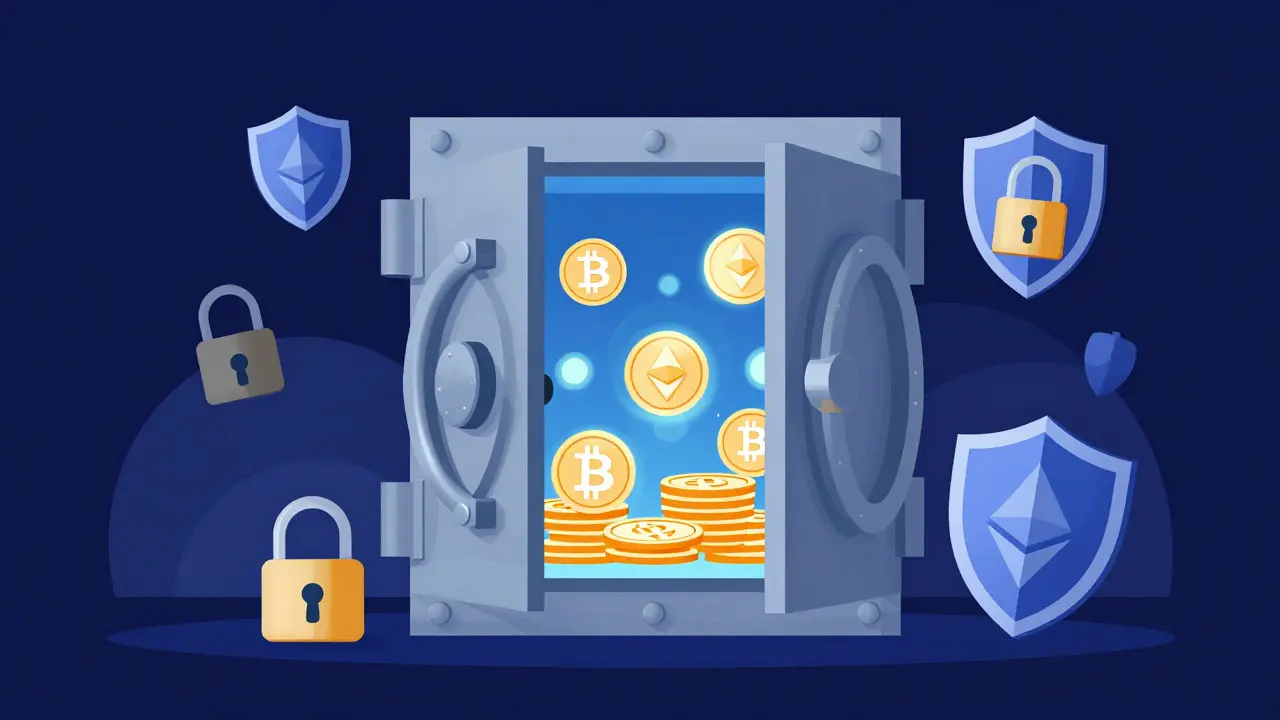 Secure vault protecting cryptocurrencies with shields and locks