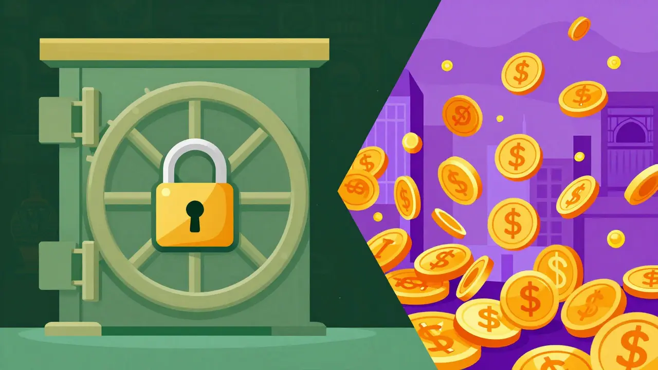 Split image of locked vault and floating digital coins illustrating capital flight