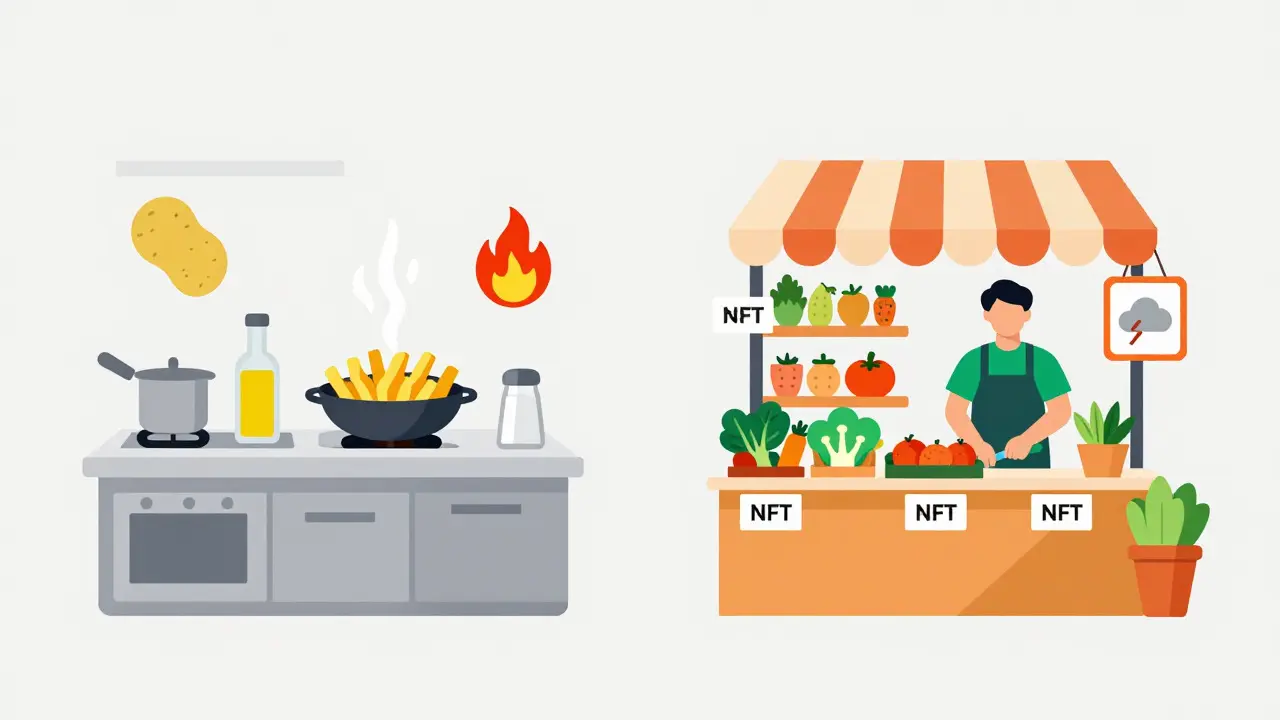 Split view of cooking ingredients burning to create dishes and a market with weather warnings
