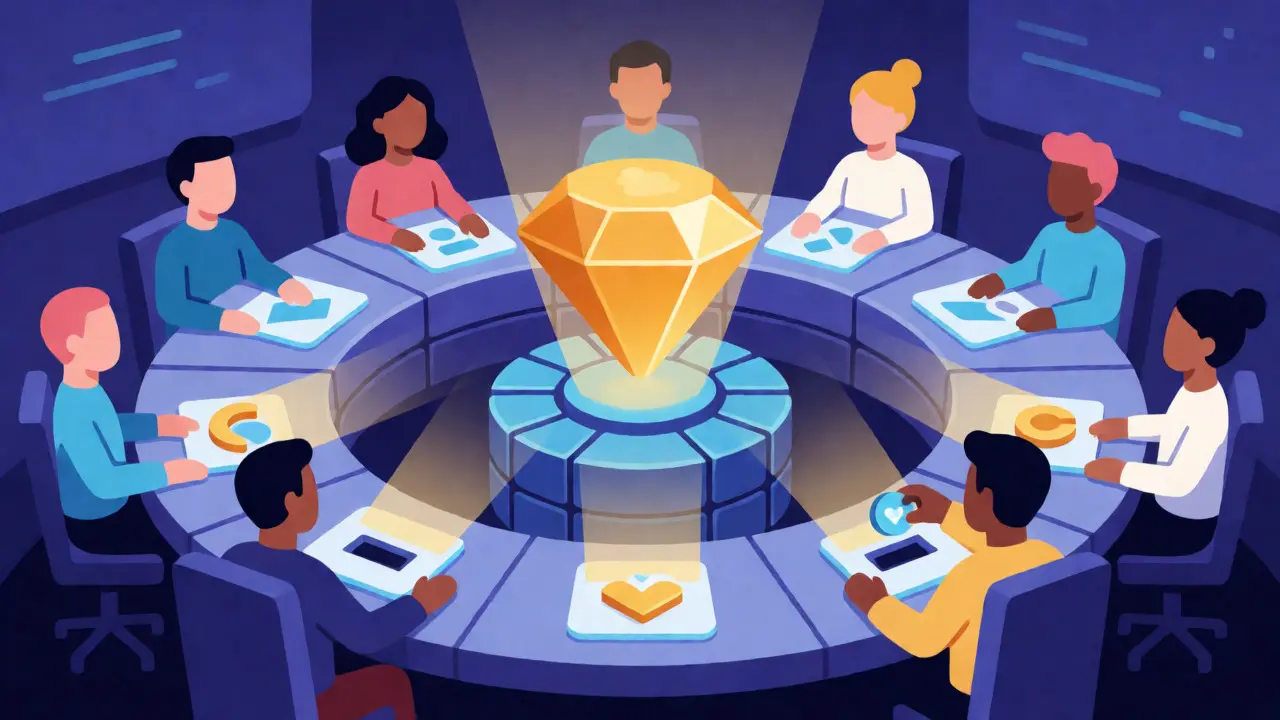 Stylized avatars participating in decentralized governance voting around a central veSDT gem.