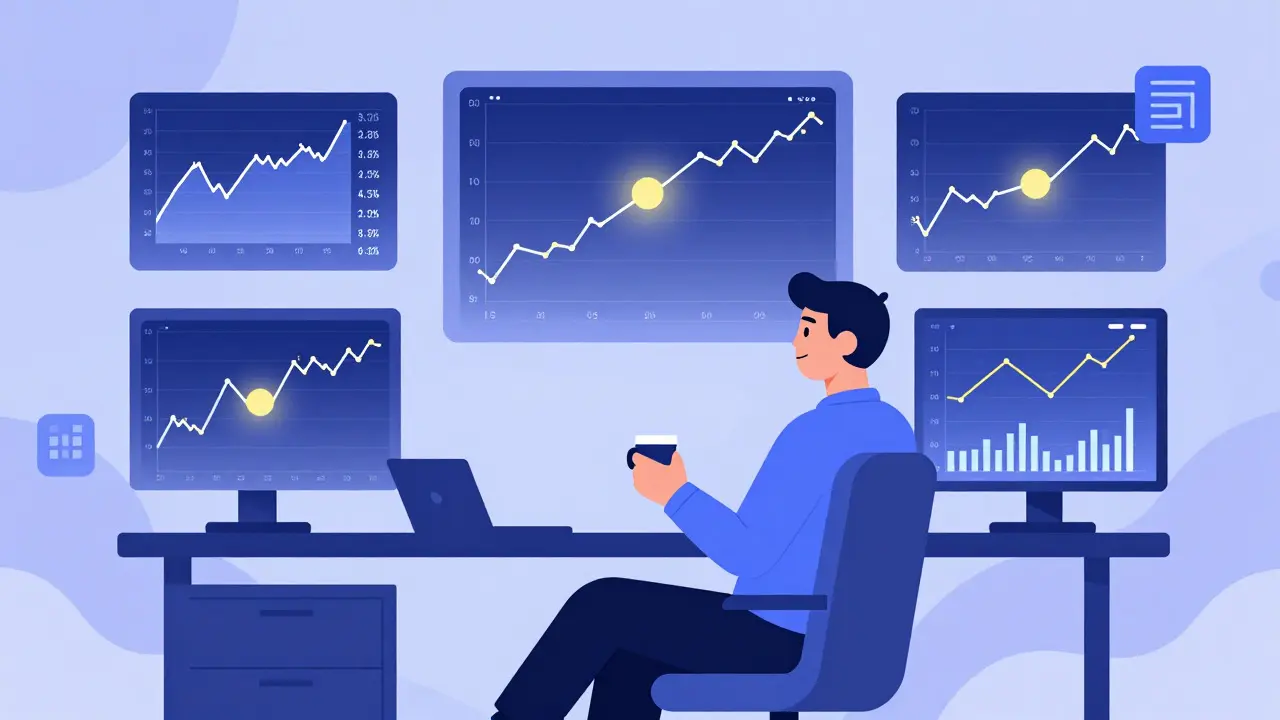 Trader analyzing aligned charts with confluence highlights