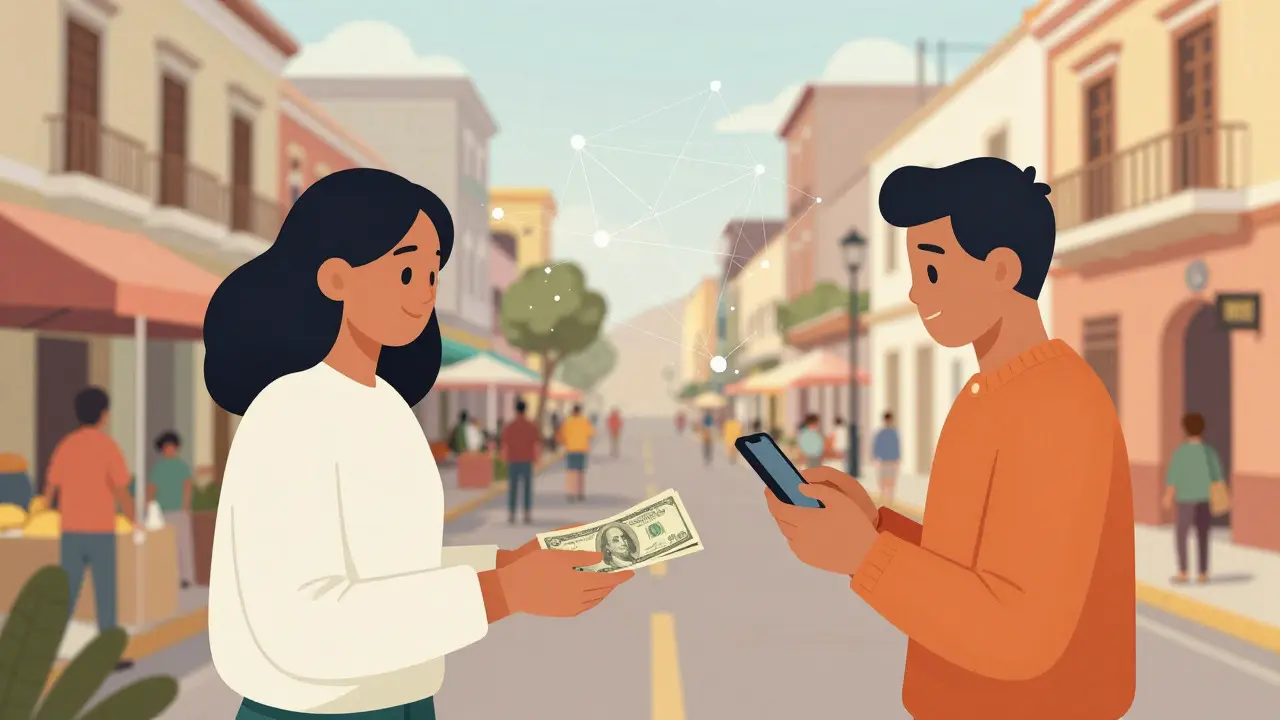 Two people exchanging cash for cryptocurrency in a public square