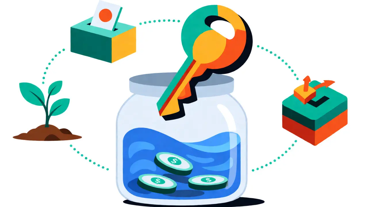 Visual metaphor of Liquid Lockers converting locked tokens into tradable sdTokens with benefits.