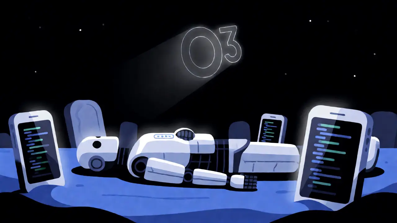 A dormant robot server in a digital graveyard with a ghostly O3 logo floating away.
