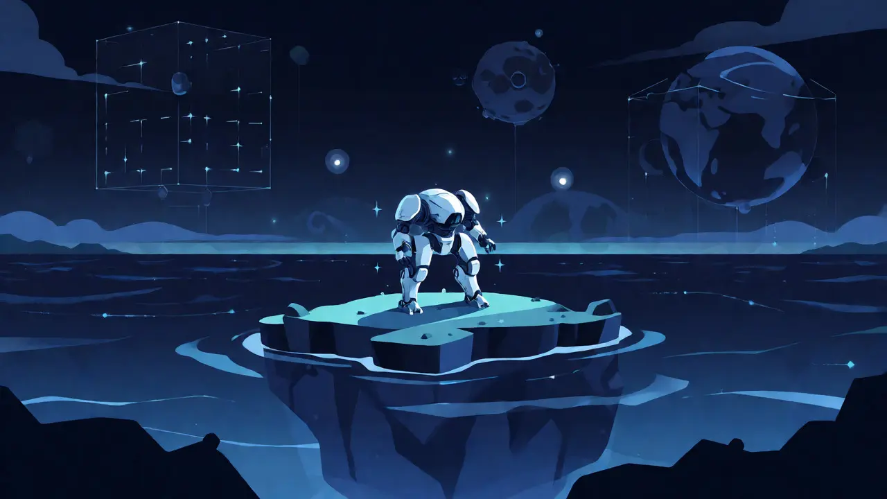 A lone mech on a small island amidst a vast digital ocean representing niche market status.
