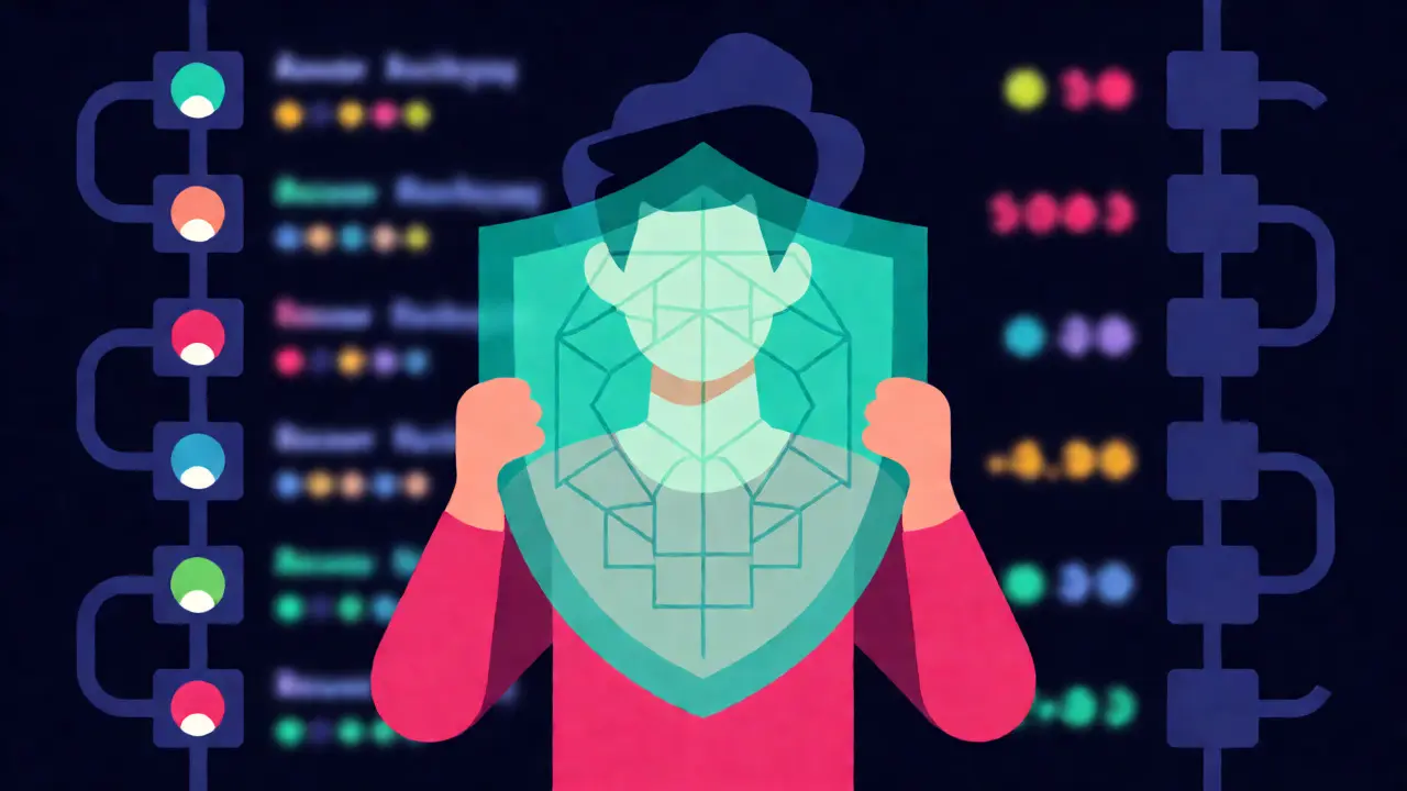 A shield protecting transaction details behind a blockchain ledger in flat art.