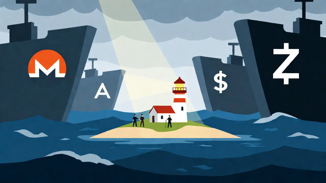 A small crypto island surrounded by giant competitor ships in a stormy sea.