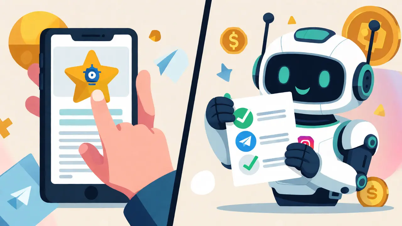 Cartoon scene of a user adding items to a watchlist while a robot verifies social follows