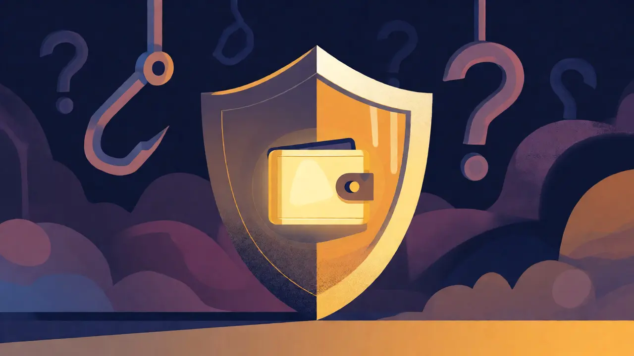 Cartoon shield protecting a crypto wallet from abstract phishing threats.