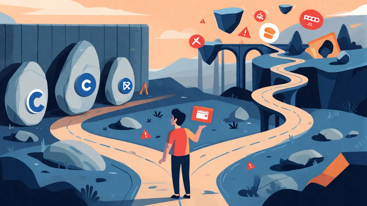 Character navigating DeFi paths versus blocked central exchange routes to buy CWS.