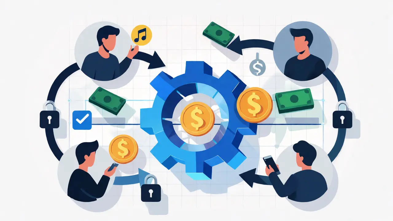 Diagram of smart contract automation connecting creators and users with instant royalty payments
