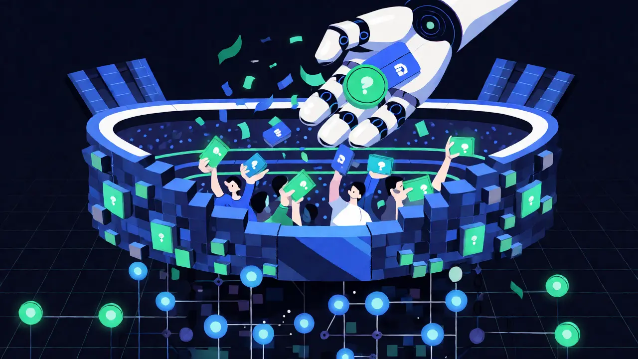 Digital stadium on a blockchain network with fans receiving NFT rewards from a robot.