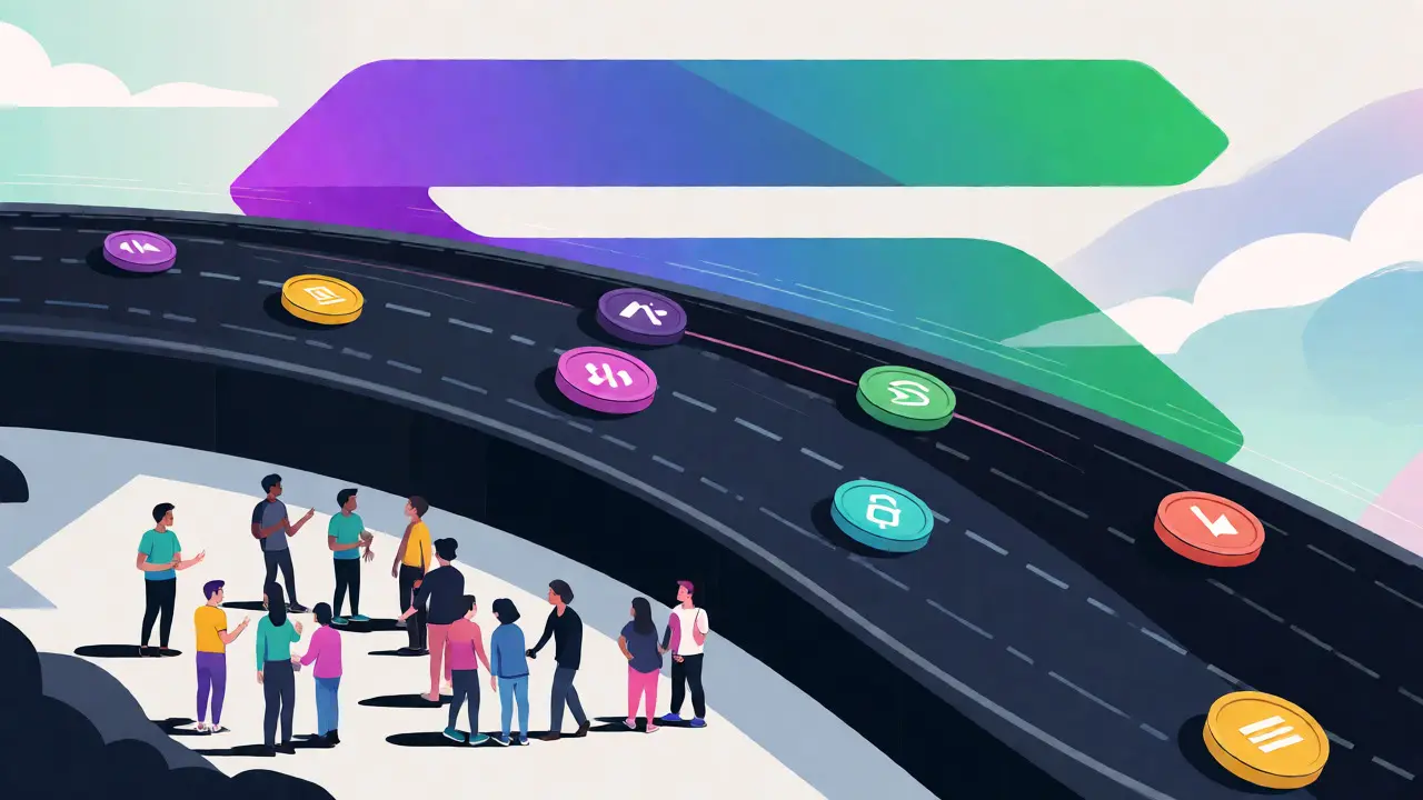 Flat illustration of Solana's fast blockchain highway with peaceful community interaction.