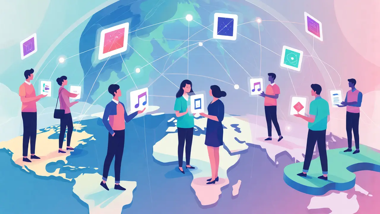 Global network of diverse creators connected by digital lines sharing IP assets