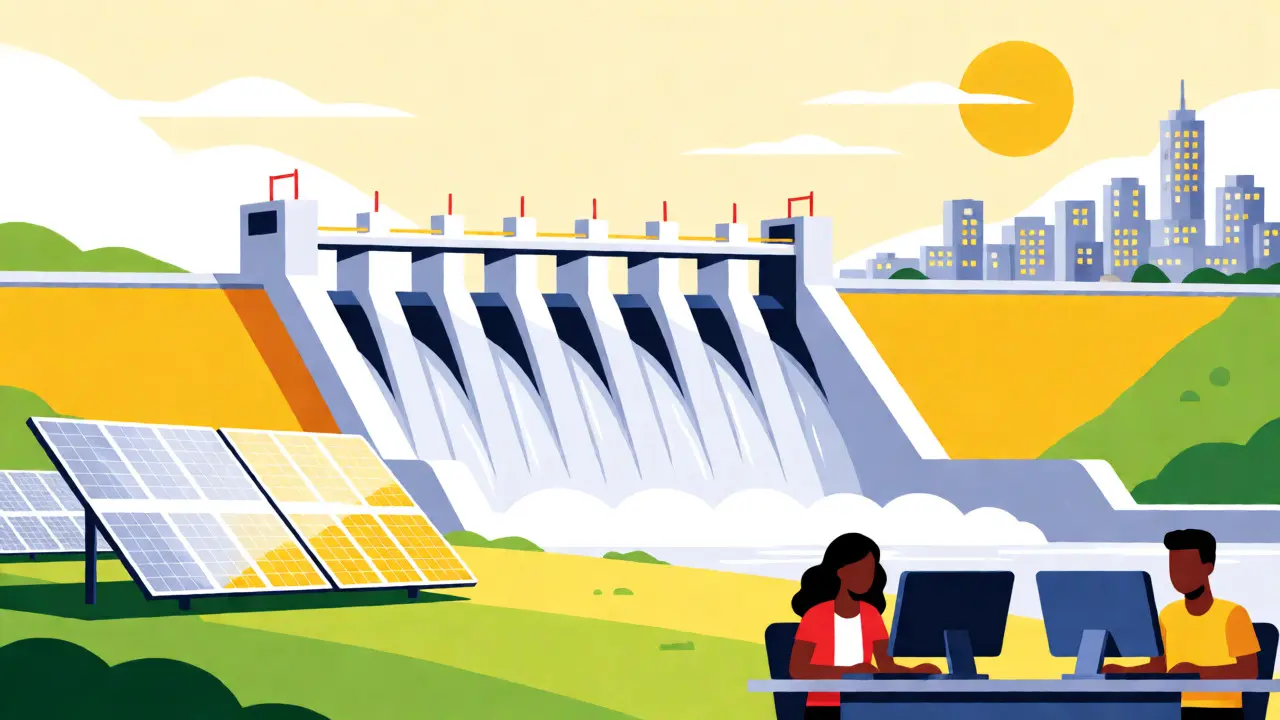 Hydro dam and solar panels powering a city and university labs in a sustainable future.