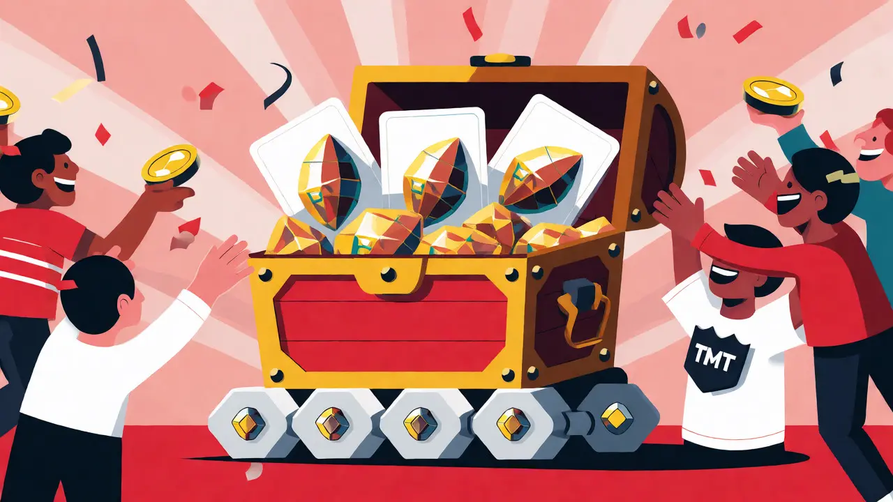 Illustration of a treasure chest filled with football NFTs surrounded by excited users