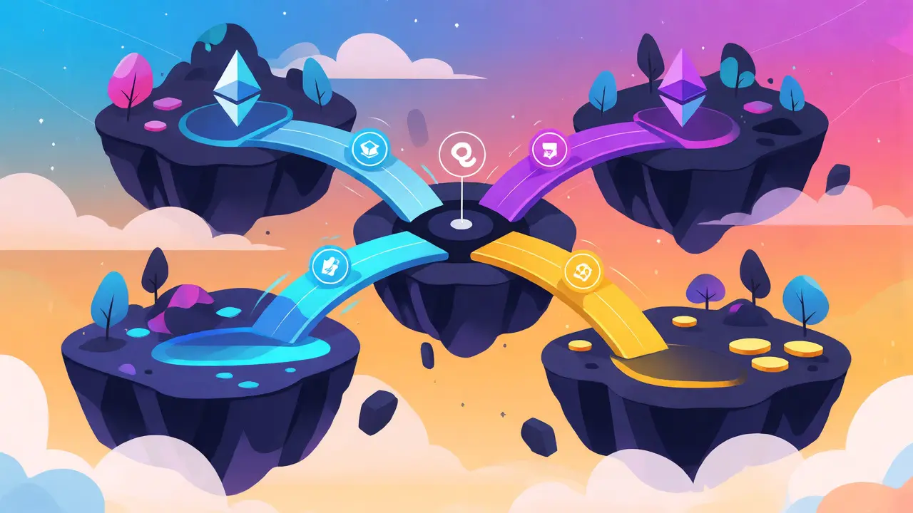 Illustration of four blockchain islands connected by LayerZero bridges.
