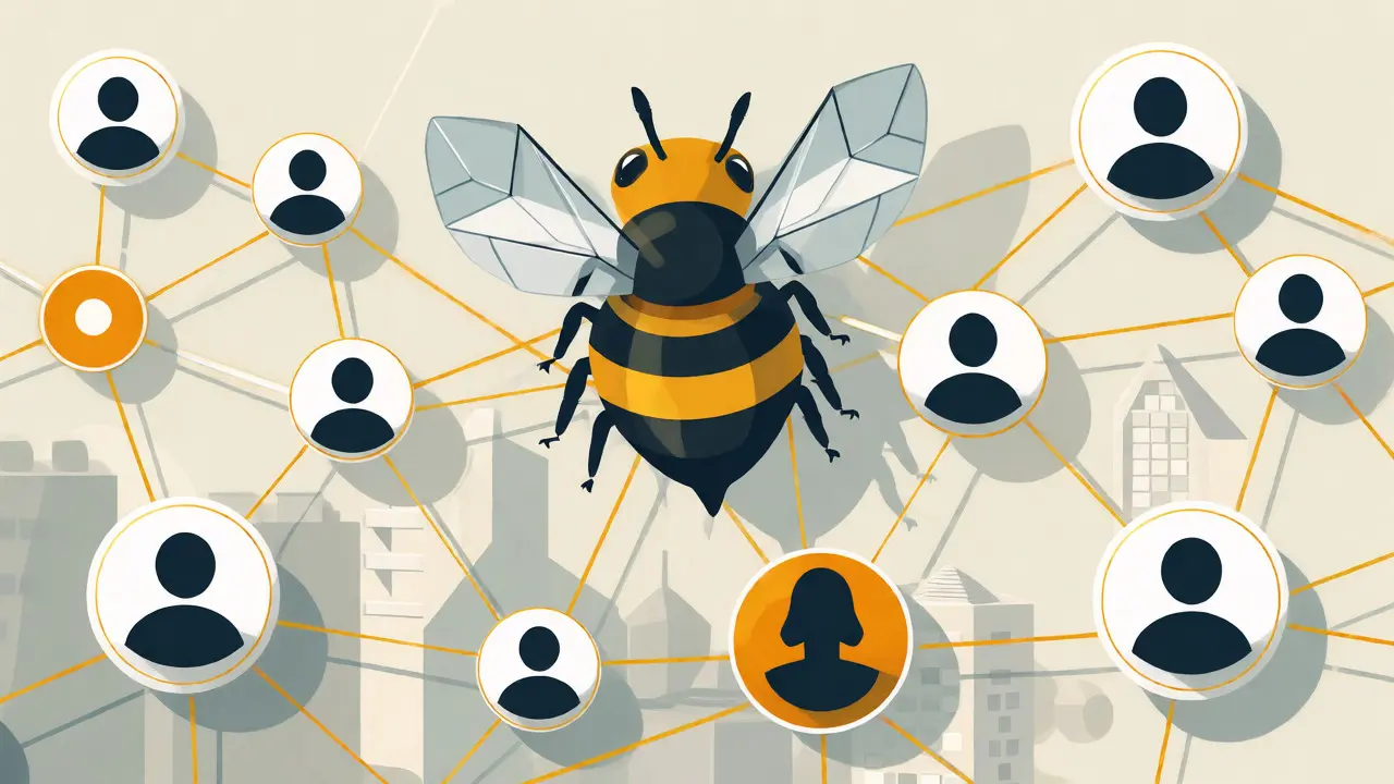 Network diagram of users connected by yellow lines around a central bee