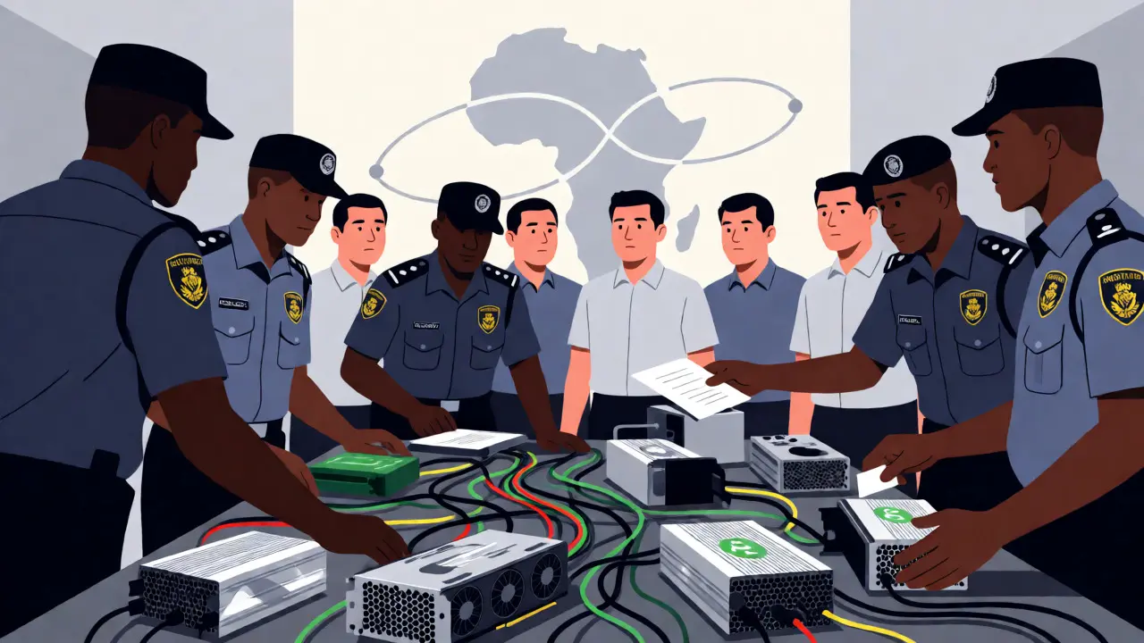 Police officers inspecting seized crypto mining equipment during an enforcement raid.