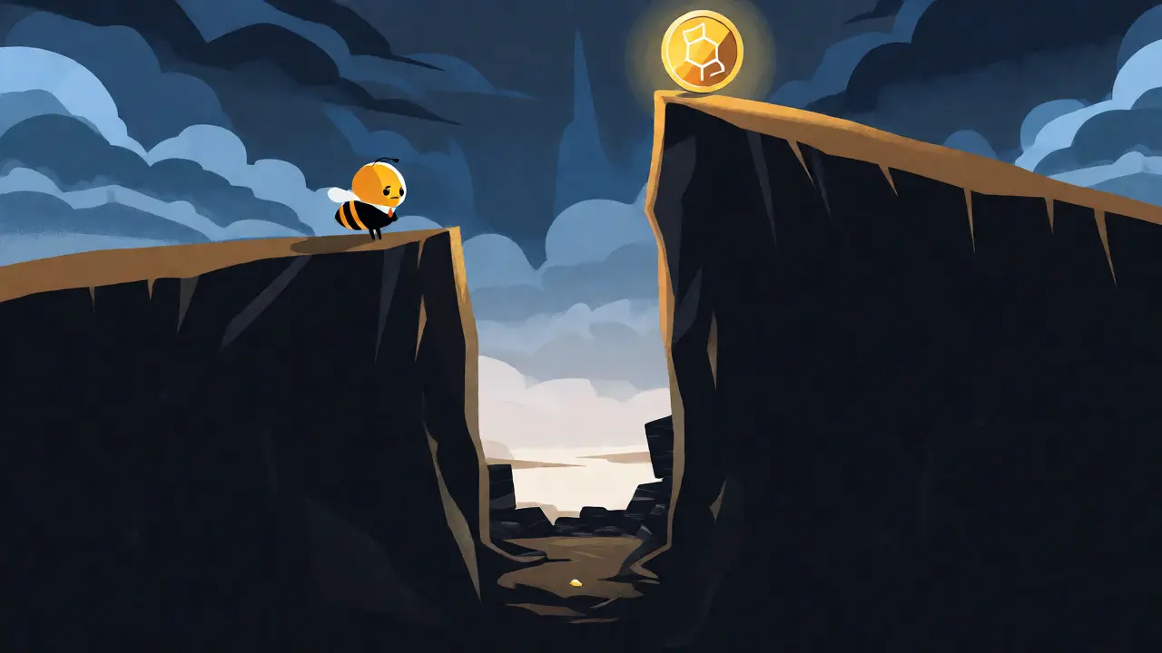 Sad bee standing on a cliff edge illustrating massive price crash