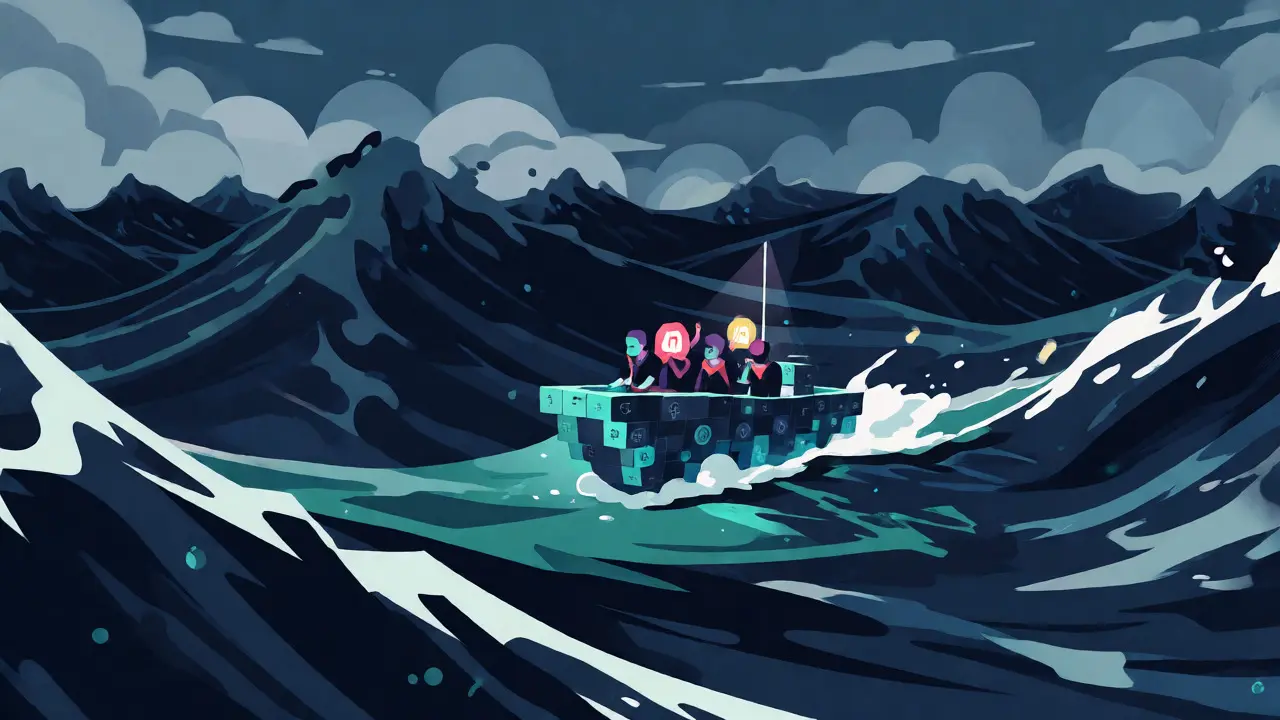 Small boat navigating rough waters representing micro-cap crypto risks.
