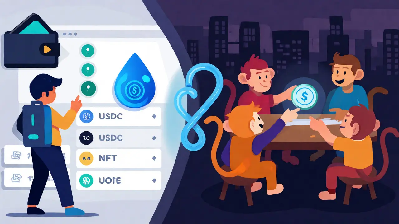 Split scene showing DeFi liquidity swaps and community meetups for MonkeDAO