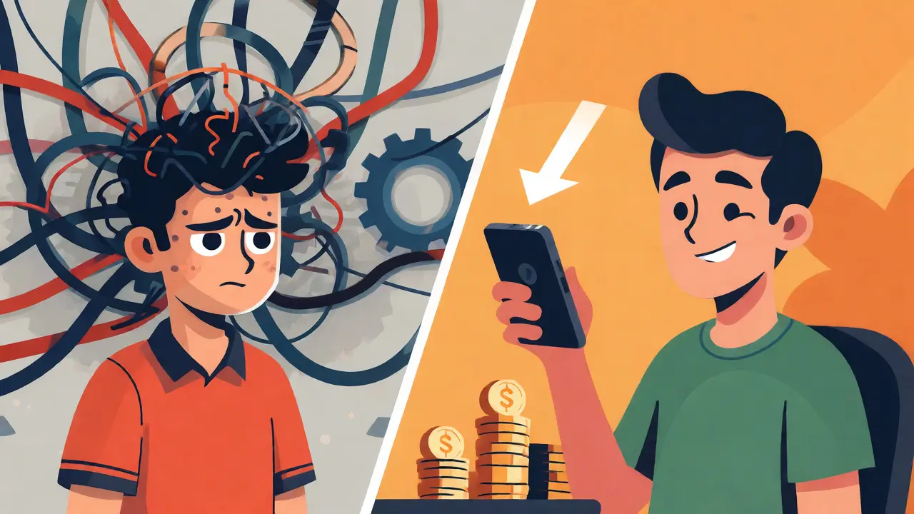 Split-screen cartoon comparing complex crypto tasks with simple airdrop participation.